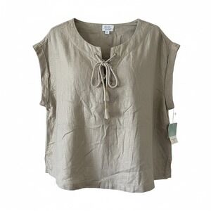 Sigrid Olsen Womens XL Linen Blend Gold Metallic Lace Up Tassel Top NWT Beige